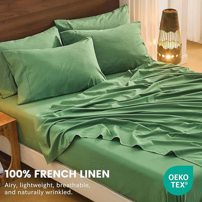 Bedlifes 100% French Linen Sheets King Size 18-24" Extra Deep Pocket 4-Piece Set Breathable & Moisture-Wicking,Soft & Durable Sheets for Thick Mattresses(Sage Green)