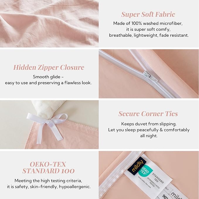 MILDLY Super Soft Duvet Cover 2pcs - 100% Washed Microfiber Light Pink Comforter Cover Set with Zipper Closure & Corner Ties (No Comforter)