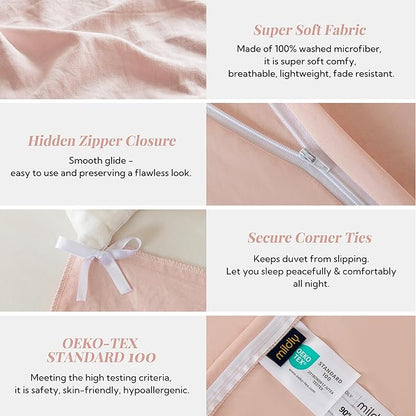 MILDLY Super Soft Duvet Cover - 100% Washed Microfiber Pink Comforter Cover Set 3 Pieces with Zipper Closure & Corner Ties (No Comforter)