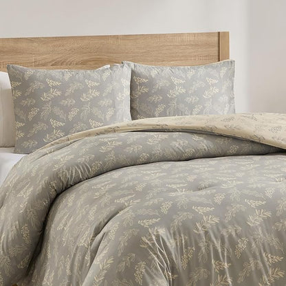 Nestl Queen Comforter Set - Grey Bed in a Bag Queen Size, 3 Pieces Reversible Bed Set, Soft Floral Bedding Set, All Season Botanical Comforters with Pillow Shams