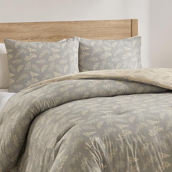 Nestl King Size Comforter Set - Grey Bed in a Bag King Size, 3 Pieces Reversible Bed Set, Soft Floral Bedding Set, All Season Botanical Comforters with Pillow Shams