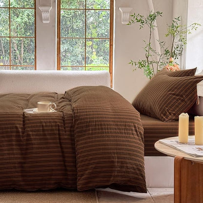 Striped Duvet Cover Set 100% Washed Cotton Linen Like Soft Feelling Breathable Bedding(Burnt Orange/Black Strip,Queen)
