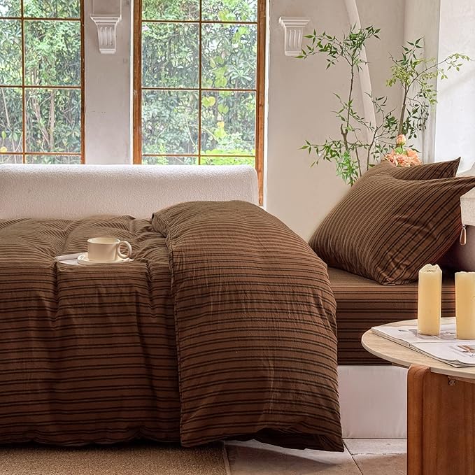 Striped Duvet Cover Set 100% Washed Cotton Linen Like Soft Feelling Breathable Bedding(Burnt Orange/Black Strip,King)