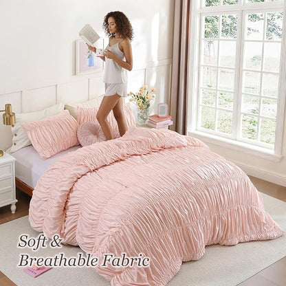 weigelia Cinched Comforter Set King - 3PCS Soft Cozy Blush Pink King Bedding Set with Decorative Ruched Design, Fluffy Lightweight All Season Cute Comforter for Elegant Home & Bedroom Decor