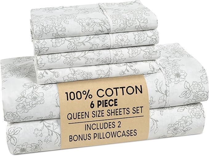 Casa Platino 100% Cotton Queen Sheet Set – 6 Piece Queen Sheet Set Queen with Crisp Cool & Soft Feel, with 15 Inch Deep Pocket Fitted Sheet, Breathable & Cozy for a Good Nights Sleep – Ashpetal