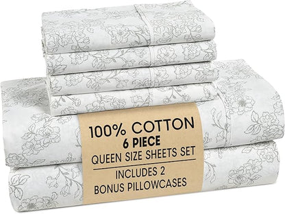 Casa Platino 100% Cotton Queen Sheet Set – 6 Piece Queen Sheet Set Queen with Crisp Cool & Soft Feel, with 15 Inch Deep Pocket Fitted Sheet, Breathable & Cozy for a Good Nights Sleep – Ashpetal
