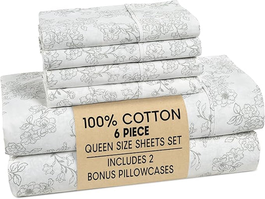 Casa Platino 100% Cotton Queen Sheet Set – 6 Piece Queen Sheet Set Queen with Crisp Cool & Soft Feel, with 15 Inch Deep Pocket Fitted Sheet, Breathable & Cozy for a Good Nights Sleep – Ashpetal