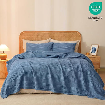PHF 100% Cotton Waffle Weave Blanket Queen Size for Bed, Soft Lightweight & Breathable for Spring and Summer, All-Season Comfort, Luxury Aesthetic Blanket for Home Decor, 90"x90", Denim Blue