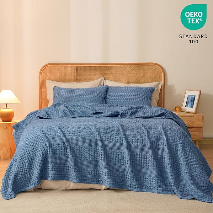 PHF 100% Cotton Waffle Weave Blanket Twin Size for Bed, Soft Lightweight & Breathable for Spring and Summer, All-Season Comfort, Luxury Aesthetic Blanket for Home Decor, 66"x90", Denim Blue