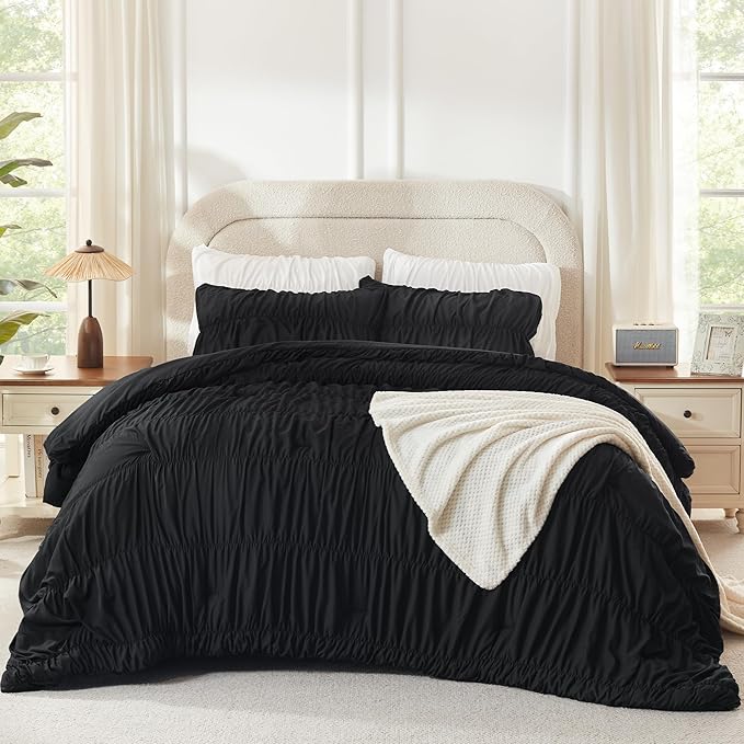Andency Ruched Black Oversized Queen Size Comforter Sets, Shabby Chic Pleated Bedding Sets 3 Pieces, Lightweight Soft Boho Ruffle Bed Set for Girls, Kids, Women, All Season