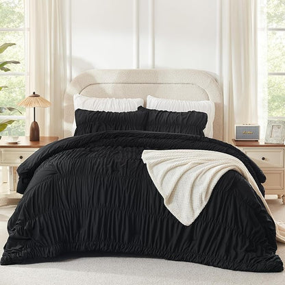 Andency Ruched Black Twin Size Comforter Sets, Shabby Chic Pleated Bedding Sets 2 Pieces, Lightweight Soft Boho Ruffle Bed Set for Girls, Kids, Women, All Season