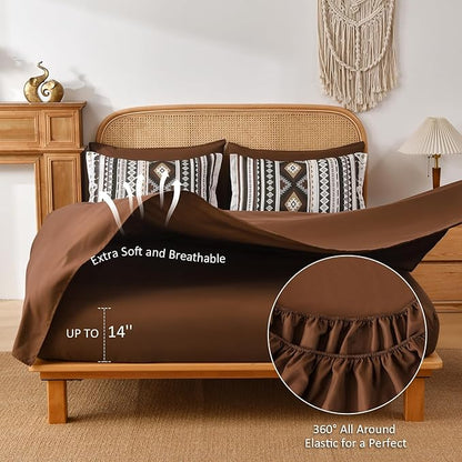 Dinjoy Boho King Size Bed in A Bag 7 Pieces,Drak Brown/Coffee Comforter Set Aztec Striped Fall Bedding Set Bohemian Complete Set Western Geometric Taupe Comforters for Women Men 90"×104"