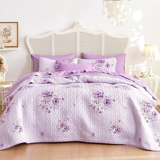 Wake In Cloud - Shabby Chic Quilt Set, Floral Coquette Cottagecore Farmhouse Vintage Flowers, for Women Teen Girls, Reversible Lightweight Bedspread Coverlet, 3 Pieces, Purple, Twin/Twin XL Size