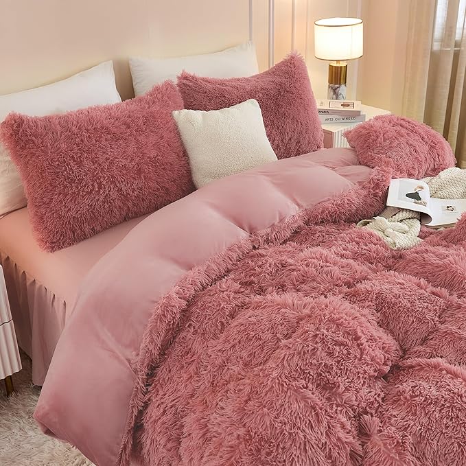 Andency Fluffy Old Pink Comforter Set Queen Size, 3 Pieces Winter Faux Fur Warm Soft Fuzzy Plush Bedding Comforter Set (1 Velvet Comforter & 2 Pillowcases), Thick Heavy Comfy Comforters Bedding Set