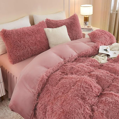 Andency Fluffy Old Pink Comforter Set King Size, 3 Pieces Winter Faux Fur Warm Soft Fuzzy Plush Bedding Comforter Set (1 Velvet Comforter & 2 Pillowcases), Thick Heavy Puffy Comforters Bedding Set