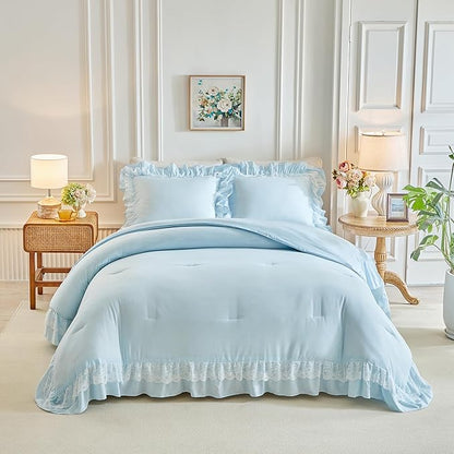 Joyreap King Size Comforter Set Blue, 3pcs Lace Ruffled Bedding Comforter Set, Microfiber Vintage Boho Chic Bedding Set for All Season- 100x88 inches