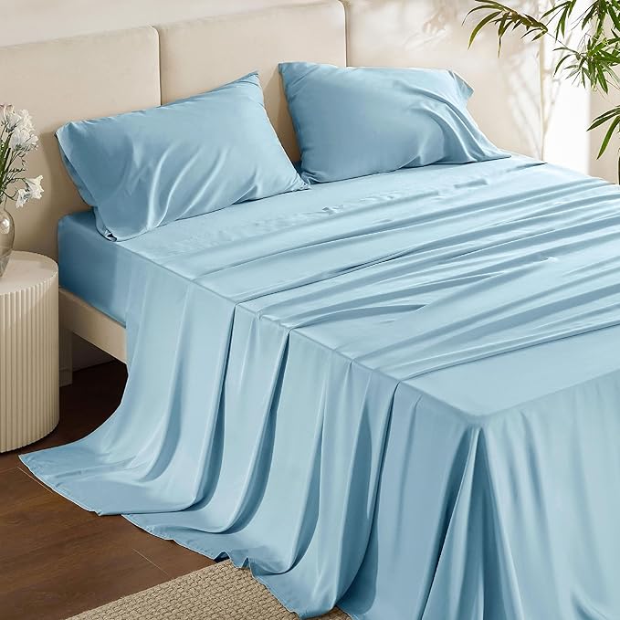 Bedsure California King Sheet Sets, Cooling Sheets, Rayon Derived from Bamboo, PureWoven, Breathable & Soft, Deep Pocket Up to 16 Inches, Hotel Luxury Silky Bedding for Hot Sleepers, Aqua