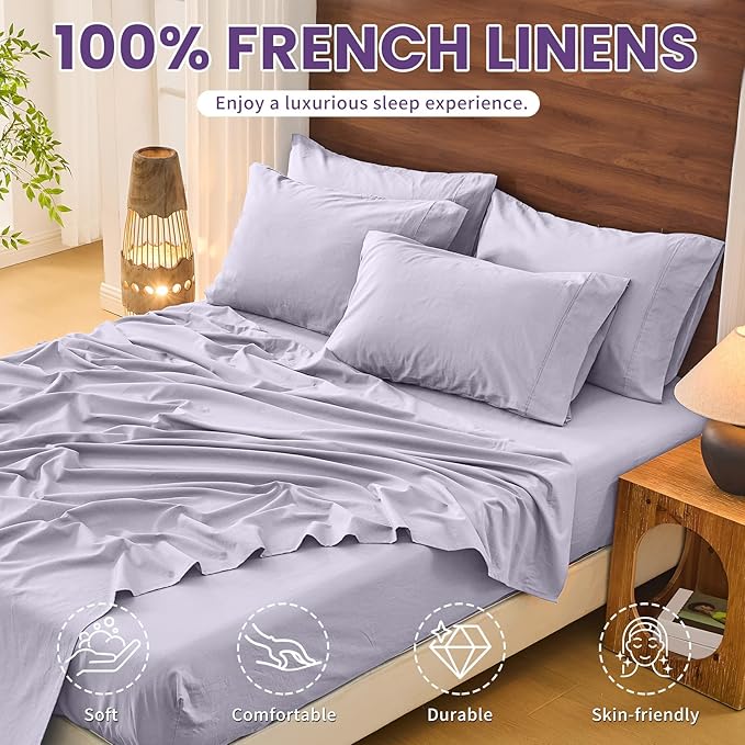 Bedlifes 100% French Pure Linen Sheets King Size Breathable and Cooling Flax Sheet Set Soft Durable and Moisture Wicking 16 Inch Deep Pocket-4 Piece(King,Lavender)