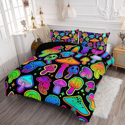 Mushroom Comforter Set Kids Bedding Set Full,3Pcs Colorful Soft Black Gradient Mushroom Quilt Set Bed in A Bag with 1 Comforter 2 Pillowcases for Kids Boys Girls Teens Adults Room Decor All Season