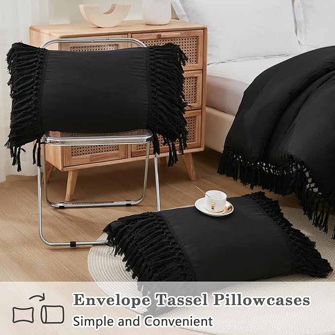 Andency Black Full Size Comforter Set, 3 Pieces Boho Tassel Lightweight Soft Bedding Comforter Sets, All Season Fluffy Fringe Bed Set (79x90In Comforter & 2 Pillowcases)