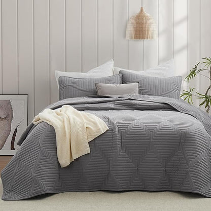 Oli Anderson Queen Quilt Set, Grey Lightweight Soft Bedspread Coverlet, Basket Weave Pattern Bedding, 3PCS Modern Geometric Stitching Textured Comforter Sets (1 Quilt and 2 Pillow Shams)