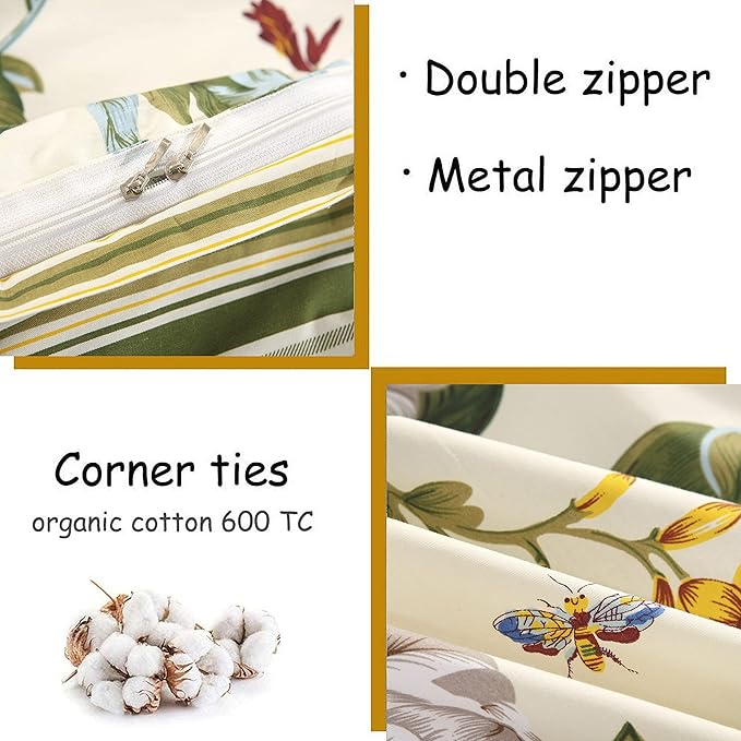 FADFAY Floral Duvet Cover Set 100% Cotton Green Striped and Beige Bedding White Flower Branches Print 600 TC Soft Reversible Zipper Bed Cover & 2 Pillowcases,King/Cal King(106x92)