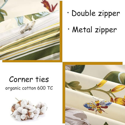 FADFAY Floral Duvet Cover Set 100% Cotton Green Striped and Beige Bedding White Flower Branches Print 600 TC Soft Reversible Zipper Bed Cover & 2 Pillowcases,King/Cal King(106x92)