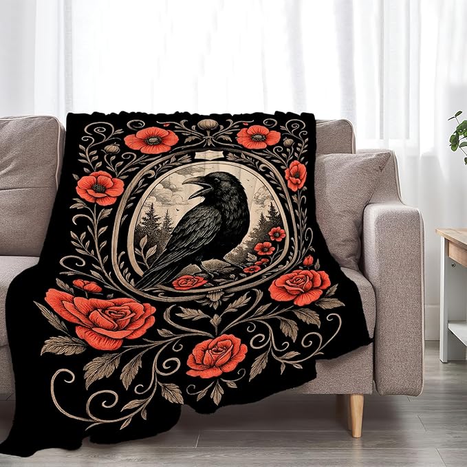 Gothic Crow Blanket Super Soft Warm Fluffy Fleece Flannel Raven Animal Throw Blanket Cozy Fuzzy Plush Stuff Bedding Blankets Gifts for Women Kids Boys Girls Adults 60"X50"
