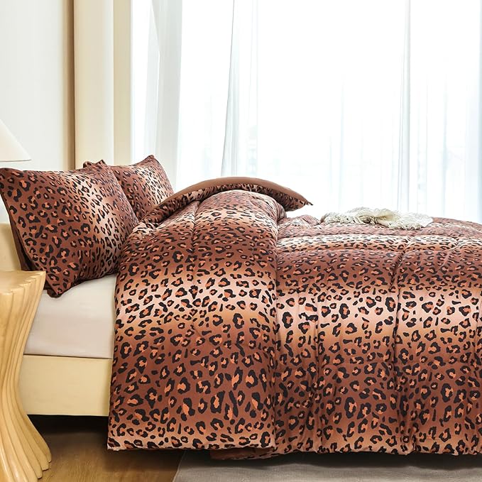 PERFEMET Leopard Print Comforter Set Full, 3 Pieces Animal Cheetah Print Bedding Set with 2 Pillowcases, Soft Fluffy Farmhouse Leopard Pattern Bed Set for All Season (Brown, Full)