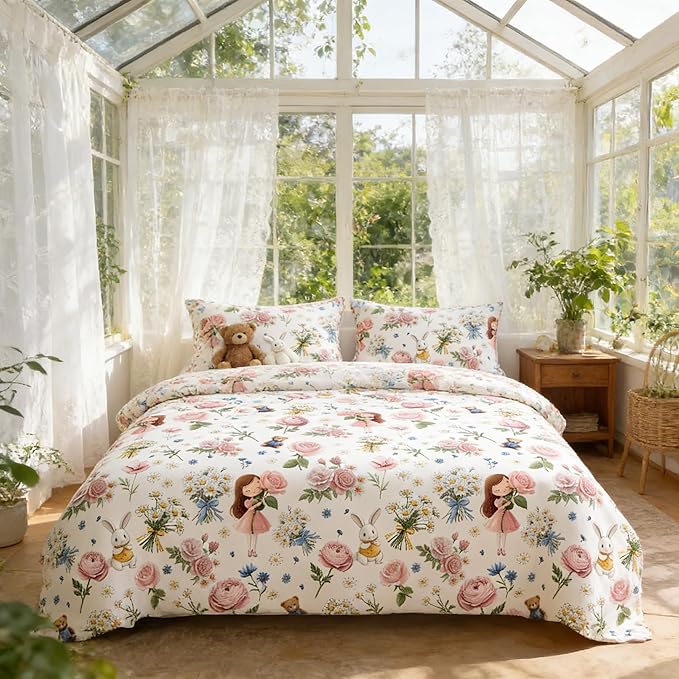 Pink Bed in A Bag Queen for Girls, 5Pcs Pink Rose Bedding for Kids Kawaii Bedroom Decor, Cute Priness Girly Rabbit Bear Comforter Set with 2 Pillowcases, 90"x90"
