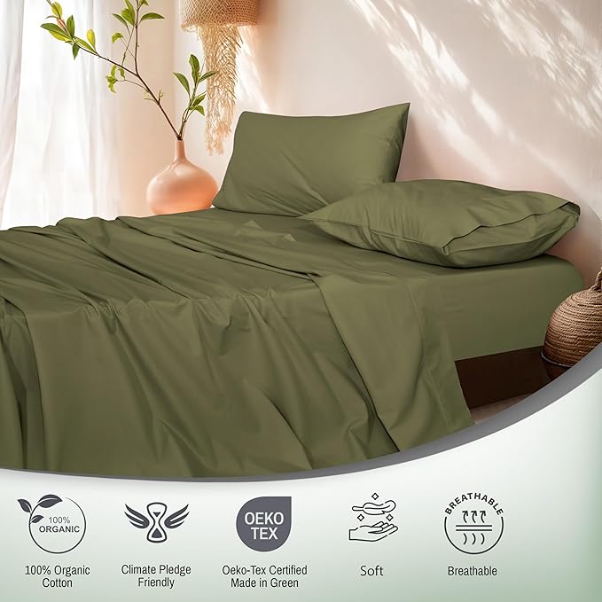 RUVANTI 100% Organic Cotton Sheets California King, Percale Weave, GOTS Certified, 4-Piece Set, Deep Pocket 13", Crisp & Breathable, Soft Durable Bedding, Sábanas Algodón Orgánico – Olive