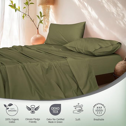 RUVANTI 100% Organic Cotton Sheets California King, Percale Weave, GOTS Certified, 4-Piece Set, Deep Pocket 13", Crisp & Breathable, Soft Durable Bedding, Sábanas Algodón Orgánico – Olive