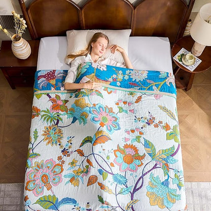 Summer Throw Blanket, 80"x90" Reversible Bohemian Flower Blanket, 100% Cotton Muslin Breathable Woven, Farmhouse Decorative Throw Blanket
