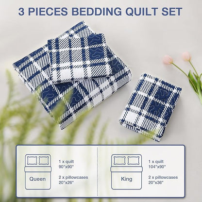 Plaid Quilt Set Queen Size - Ultra Soft Gingham Bed Quilts with 2 Pillow Shams, Lightweight Reversible Striped Quilted Bedspreads Coverlet 3 Pieces for Summer, 90"×90", Blue White