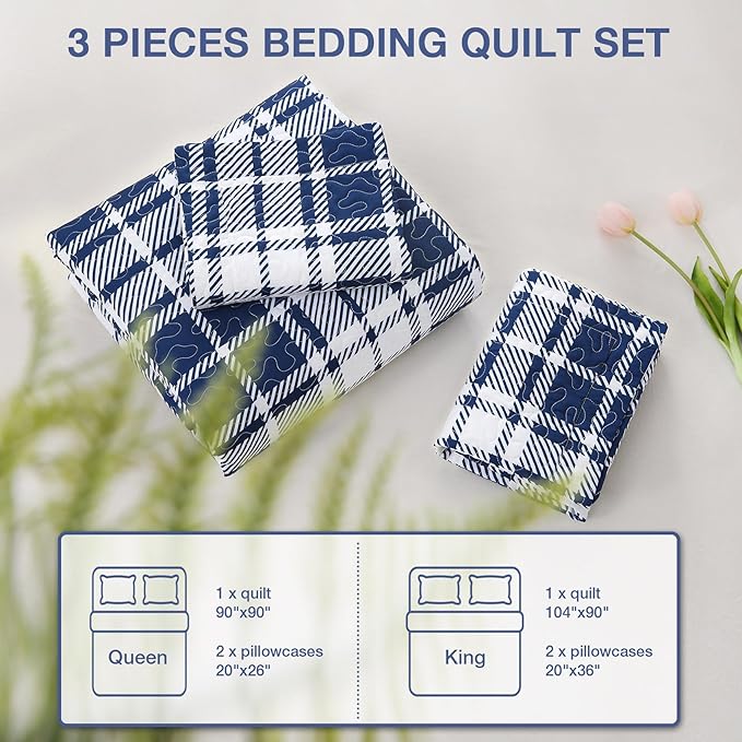 Plaid Quilt Set King Size - Ultra Soft Gingham Quilts Bedding Set with 2 Pillow Shams, Lightweight Reversible Striped Quilted Bedspread Coverlet 3 Pieces for Summer, 104"×90", Blue White