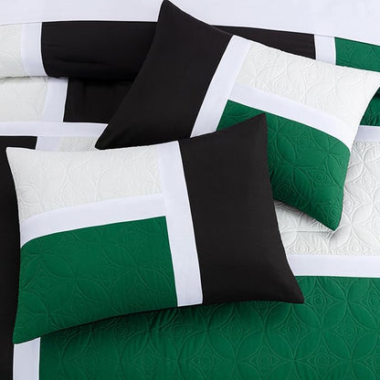 Chezmoi Collection Upland 7-Piece Quilted Patchwork Comforter Set, Green/Black/Cream White, Queen