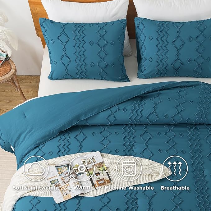 Andency Teal Tufted Comforter Set Full(79x90Inch), 3 Pieces(1 Boho Comforter, 2 Pillowcases) Textured Farmhouse Bed Set, Soft Microfiber Down Alternative Geometric Bedding