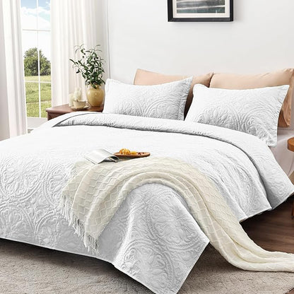 EXQ Home Quilt Set Full Queen Size White 3 Piece,Lightweight Soft Coverlet Mandala Flower Pattern Bedspread Set for All Season(1 Quilt,2 Pillow Shams)