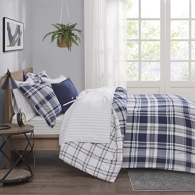 Madison Park Essentials Cozy Bed in A Bag - Reversible Comforter with Complete Sheet Set, Casual Plaid Cabin Design, All Season Cover, Decorative Pillow, Patrick Plaid Navy King(104"x92") 8 Piece