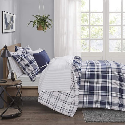 Madison Park Essentials Cozy Bed in A Bag - Reversible Comforter with Complete Sheet Set, Casual Plaid Cabin Design, All Season Cover, Decorative Pillow, Patrick Plaid Navy King(104"x92") 8 Piece