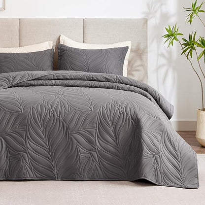 EXQ Home Quilt Set Full Queen Size Grey 3 Piece,Lightweight Soft Coverlet Modern Style Leaf Pattern Bedspread Set(1 Quilt,2 Pillow Shams)