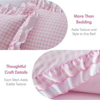 Intelligent Design Rowena Twin Comforter Set – Blush Pink Gingham Ruffled Bedding, Vintage Farmhouse Style, Reversible All Season 3-Piece Bedding Set, Twin/Twin XL, Gift for Her