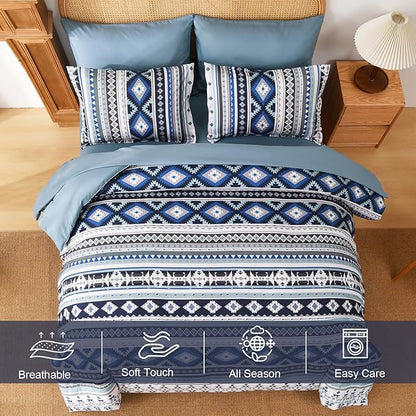 Dinjoy Navy Boho Comforter Set Queen Size,7 Pieces Bed in a Bag Queen Dark Blue Aztec Bedding with Sheets Bohemian Geometric Striped Complete Set for Fall Winter 90"x90"