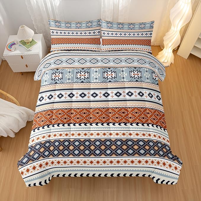 Off White Bohemian Comforter Sets Full Size,Tribal Geometric Bedding Set for Your Room,Abstract Soft Lightweight Quilted Set All Season,1 Comforter and 2 Pillowcases