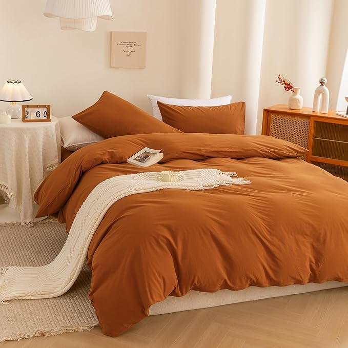 ECOCOTT 100% Washed Cotton Duvet Cover Twin Size – Soft & Breathable Linen Feel Bedding Set, 3 Pieces Orange Comforter Cover with Zipper Closure for All Seasons