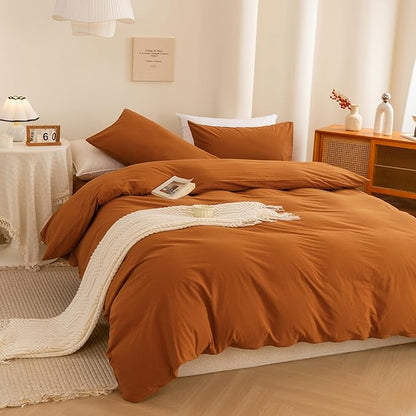 ECOCOTT 100% Washed Cotton Duvet Cover Twin Size – Soft & Breathable Linen Feel Bedding Set, 3 Pieces Orange Comforter Cover with Zipper Closure for All Seasons