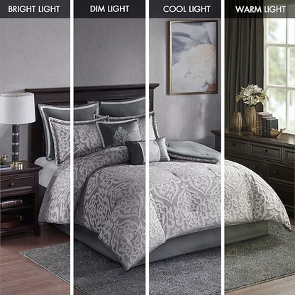 Madison Park Odette Cozy Comforter Set Jacquard Damask Medallion Design - Modern All Season, Down Alternative Bedding, Shams, Decorative Pillows, Queen(90 in x 90 in), Silver 8 Piece