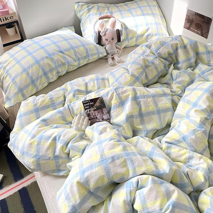 EAVD Buffalo Plaid Duvet Cover Twin Soft Washed Cotton Bedding Set Yellow Blue Grid Checkered Bedding Set with 2 Pillowcases Vintage Style Gingham Duvet Cover with Zipper Closure