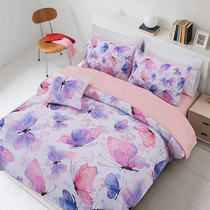 A Nice Night 6pcs Queen Bed in A Bag Watercolor Ink Wash Tie-Dye Butterfly Printed, Butterflies Flying Bedding Comforter Set, Purple
