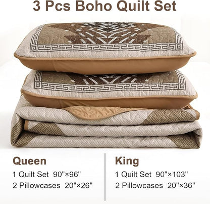 Dintszyayue Bohemian Quilt Set King Size,3 Pieces Aztec Texture Bedding Coverlet Set Brown Boho Bedspread Coverlet Set Geometric Pattern Lightweight Quilt Bedding Set for All Season (Brown,90"x103")